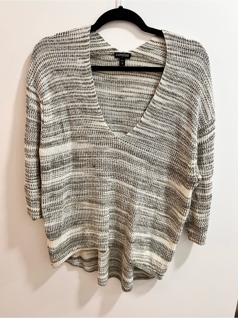 Express Striped V-Neck Sweater in Cream and Greenish Gray